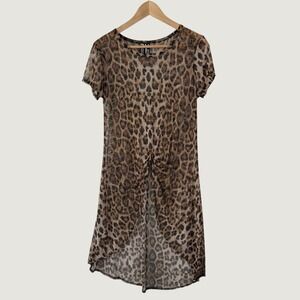 TMG New York Leopard Mesh Tunic Top Brown Sheer High Low Indie Y2K Grunge club